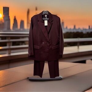 Suit Set Blazer L /Pants SZ 12 Burgundy Satin Double Breasted Career Cocktail